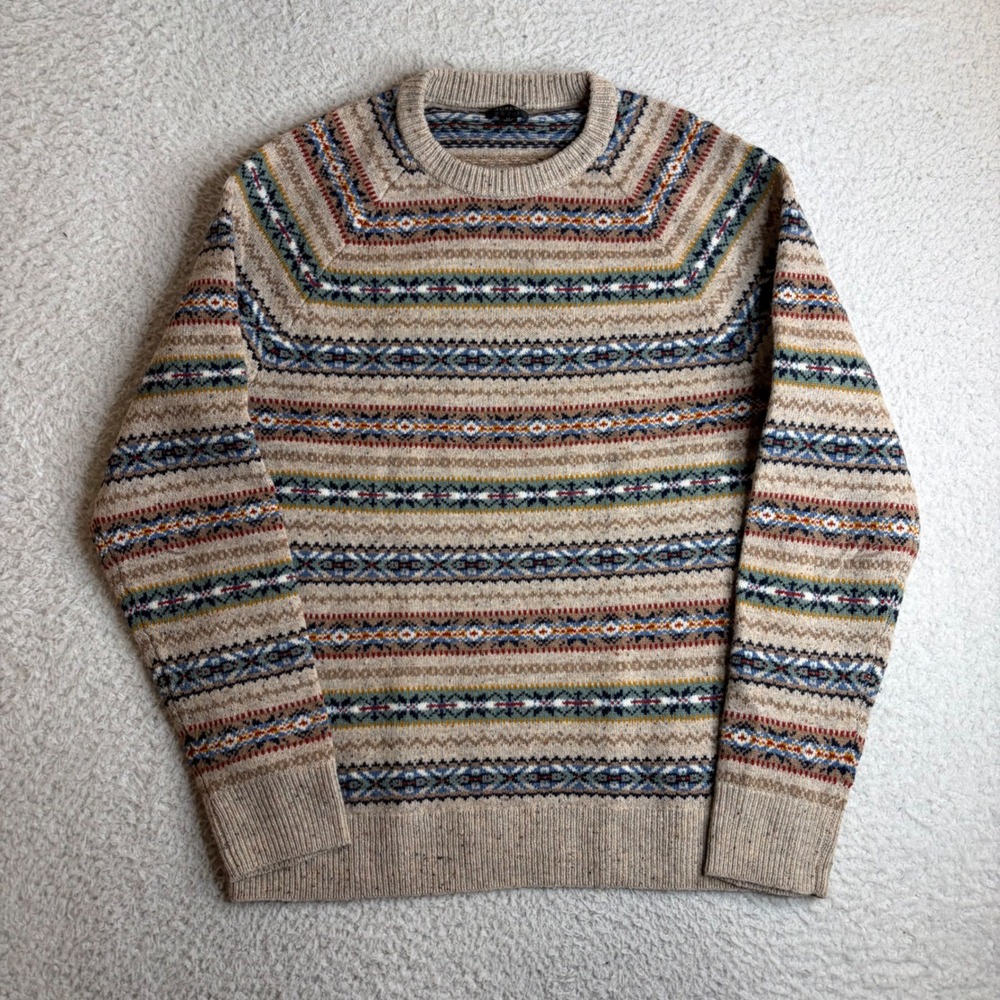 J.Crew Mens Fair Isle Wool Blend Crewneck Sweater Tan Blue Size M